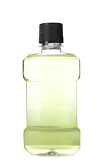 Bottle with mouthwash for teeth care on white background