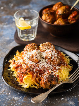 Meat balls with pasta in tomato sauce