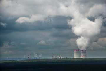Steam clubs rise above the cooling system of the newly constructed units of Novovoronezh nuclear...