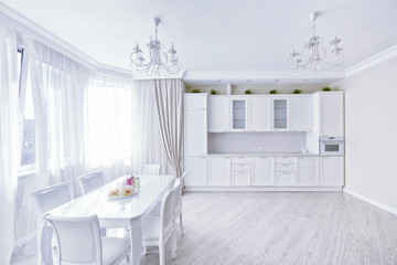 Modern design white kitchen in a spacious apartment.