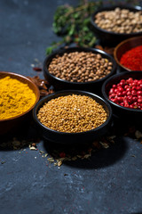 paprika, turmeric, red pepper and other fragrant spices on dark background, vertical