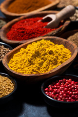 paprika, turmeric, red pepper and other oriental spices, closeup