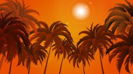 Fototapeta na wymiar Vector landscape of palm trees on a background of abstract sky and sun. EPS 10.