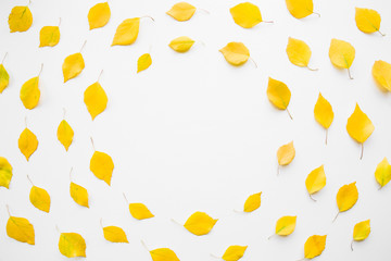 Dry, yellow, small birch leaves on white table. Circle shape. Round frame. Bright color. Empty place for inspirational text, quote or sayings. Flat lay. Top view.