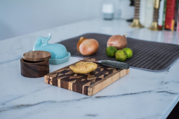 cutting boards staged in kitchen