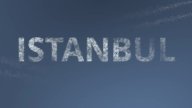 Flying airplanes reveal Istanbul caption. Traveling to Turkey conceptual intro animation