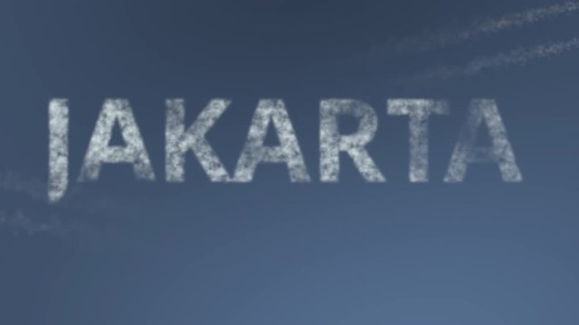 Flying airplanes reveal Jakarta caption. Traveling to Indonesia conceptual intro animation