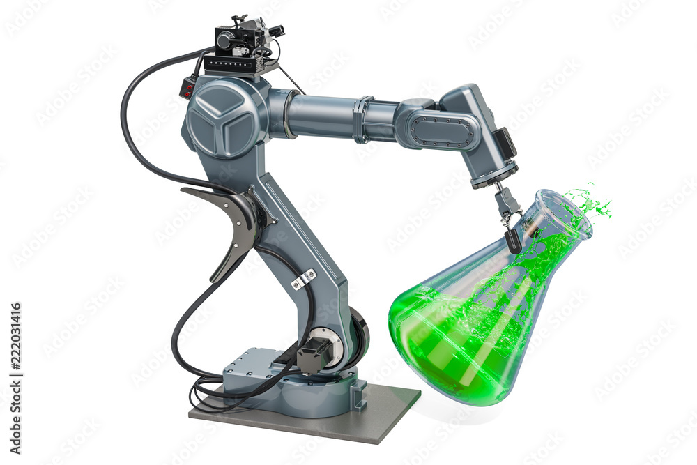 Poster chemical flask in robot arm, 3d rendering