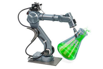 Chemical flask in robot arm, 3D rendering