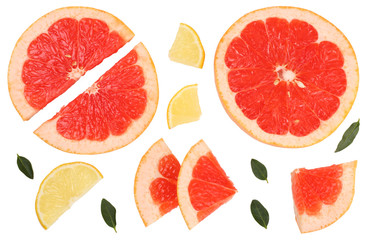 Grapefruit and lemon isolated on white. Flat lay