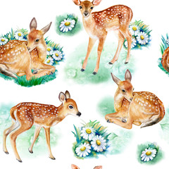 Seamless pattern with deers, fawns, camomile flowers isolated on a white background. Watercolor. Illustration. Template. Hand drawing. Close-up. Clip art