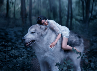 A fragile girl riding a wolf, like Princess Mononoke. Sleeping Beauty. Alaskan Malamute is like a...