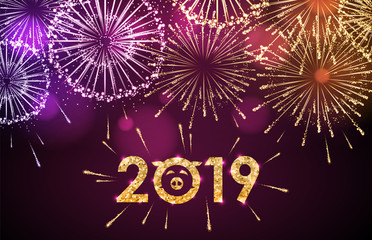 Vector holiday festival pink firework. Happy new year card 2019