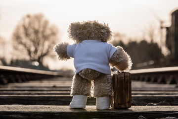 Teddy bear carrying his suitcase, saying goodbye, going on vacation, going out into the big, wide...