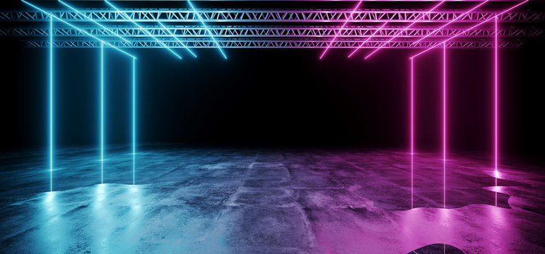 Dark Futuristic Sci-Fi Hi-Tech Modern Stage Construction With Purple And Blue Glowing Neon Lights With Concrete Floor With Water And Reflections Club Concept 3D Rendering