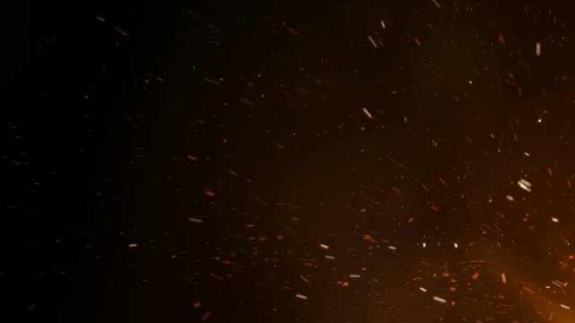 Burning Hot Sparks Rising from Large Fire in Night Sky. Moving from Corner. Abstract Isolated Fire Glowing Particles on Black Background Flying Up. Looped 3d Animation. 4k Ultra HD 3840x2160