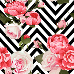 Peony and roses vector seamless pattern floral texture on a black and white chevron backgrounds