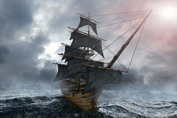 pirate ship sailing on the sea, 3D render - obrazy, fototapety, plakaty