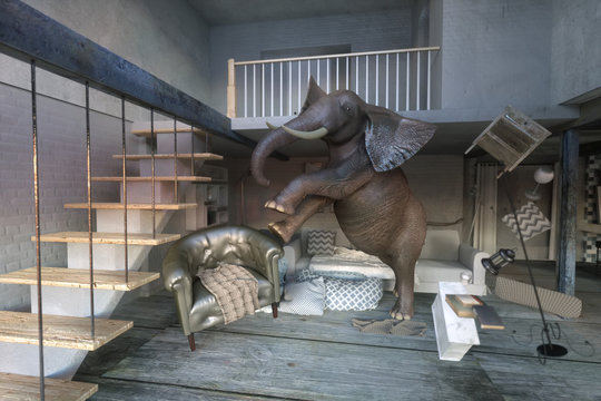 3D Illustration of an elephant calm in a interior. concept