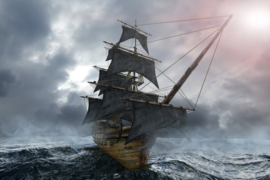 pirate ship sailing on the sea, 3D render © de Art