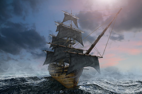 pirate ship sailing on the sea, 3D render © de Art