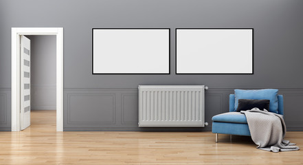 Modern bright interiors apartment with mock up poster frame illustration 3D rendering computer generated image