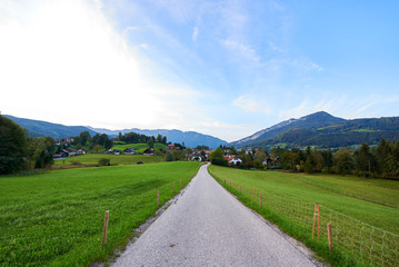 Fototapeta na wymiar Beautiful mountain valley/field road landscape with forest, traditional austrian village and blue sky in Austrian Alps. Austria, Salzkammergut