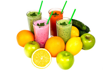 multicolor smoothies and fruits isolated on white background
