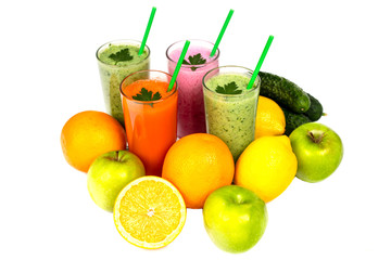 multicolor smoothies and fruits isolated on white background
