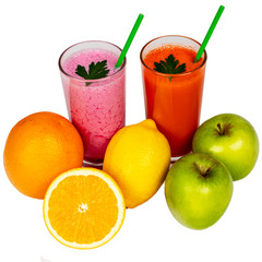 colored smoothies and fruits on white background