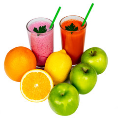 colored smoothies and fruits on white background