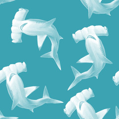 Hammerhead shark seamless pattern on light blue background. Illustration hand drawn with markers and color pencils - obrazy, fototapety, plakaty