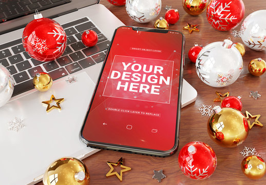 Smartphone near Holiday Ornaments Mockup