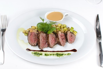 fillet mignon with sauce on a white plate