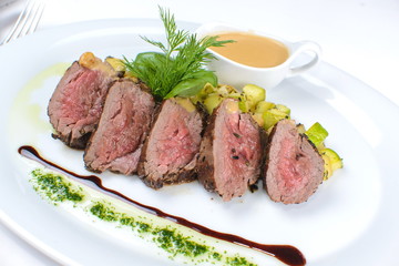 fillet mignon with sauce on a white plate