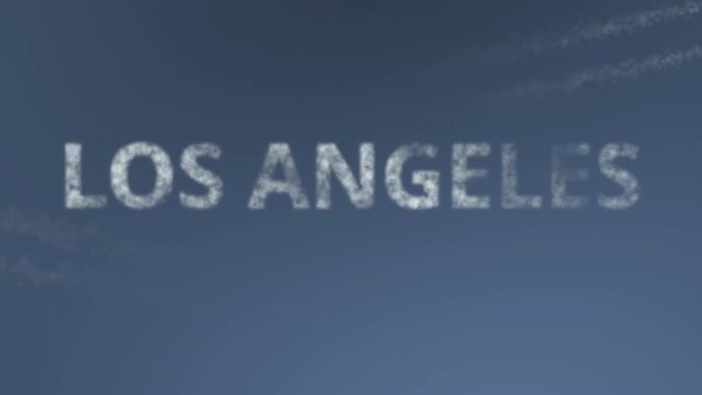 Flying airplanes reveal Los Angeles caption. Traveling to the United States conceptual intro animation