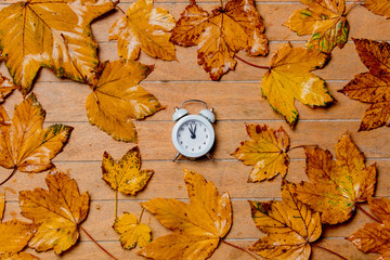 little vintage alarm clock with maple leaves on wooden table. Above view