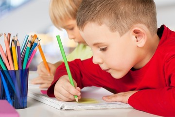 Two little boys studying subject on background