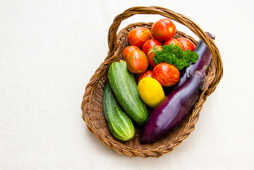 Gardening basket with fresh organic home grown vegetables on a creme white linen cloth: striped tomatoes, yellow and green cucumbers as well as long violet eggplants. Symbols of vegan raw lifestyle