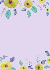 Painted watercolor composition with flowers and leaves. Frame of roses. Floral border. Can be used as invitation card for wedding, birthday, other holiday, summer background, poster, banner.