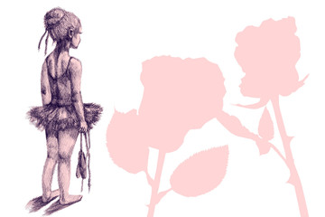 Little girl ballet dancer. Hand drawn ink illustration. Artist creative painting background.