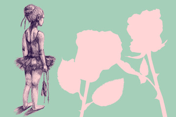 Little girl ballet dancer. Hand drawn ink illustration. Artist creative painting background.