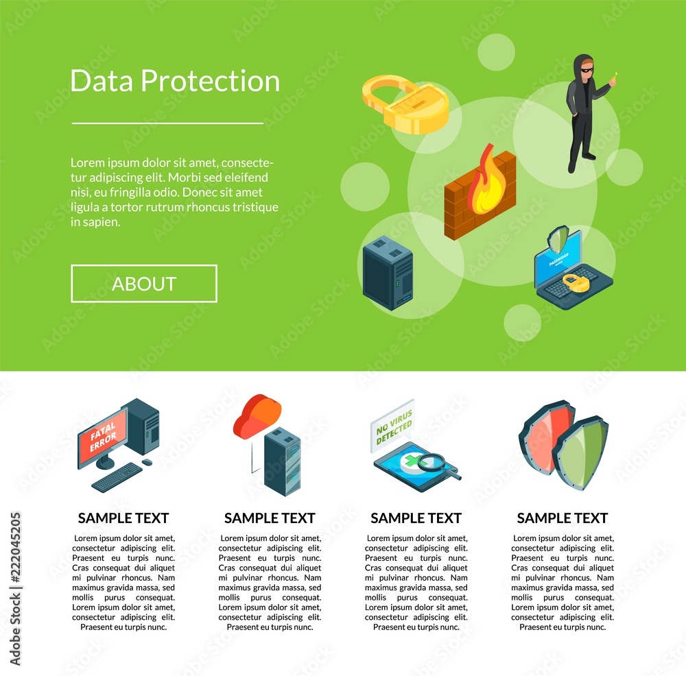 Aufkleber vector isometric data and computer safety icons landing page template illustration and web banner po