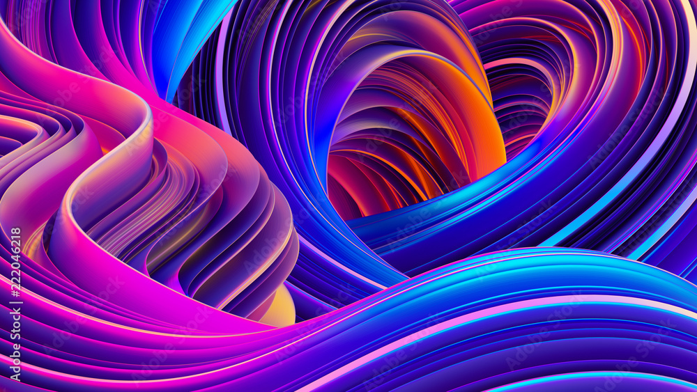 Wall mural 3d rendering abstract background with holographic twisted shapes in motion