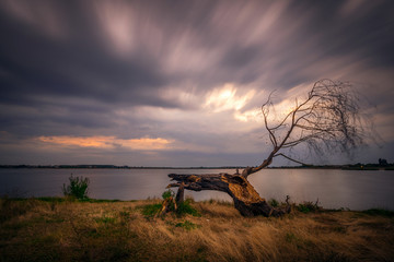 Beautiful cloudscape long exposure near the lake with a wooden log in the foreground