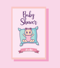 baby shower card with little girl and pillow