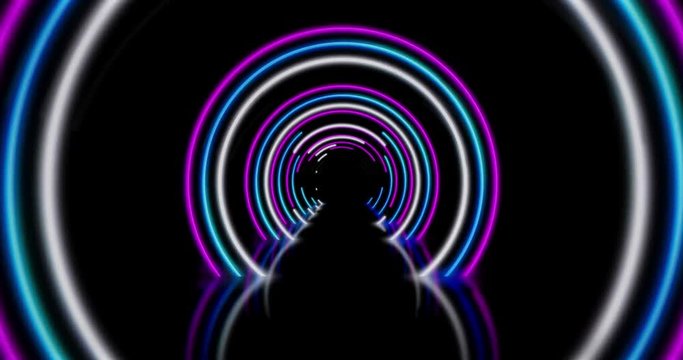 Neon background. 3d flight between neons 4K loopable concept animation. Light frames in retro style textless seamless motion.
