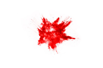 Freeze motion of red powder exploding, isolated on white background. Abstract design of red dust cloud. Particles explosion screen saver, wallpaper