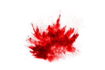 Freeze motion of red powder exploding, isolated on white background. Abstract design of red dust cloud. Particles explosion screen saver, wallpaper