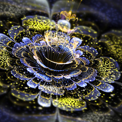 Obraz premium Ciemnoniebieski i złoty kwiat fraktali, cyfrowa grafika do kreatywnego projektowania graficznego